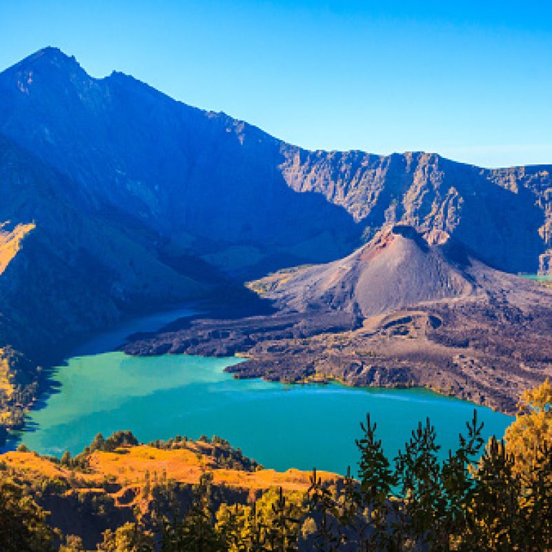 Panorama view of Mountain Rinjani, volcano at Lombok island of Indonesia